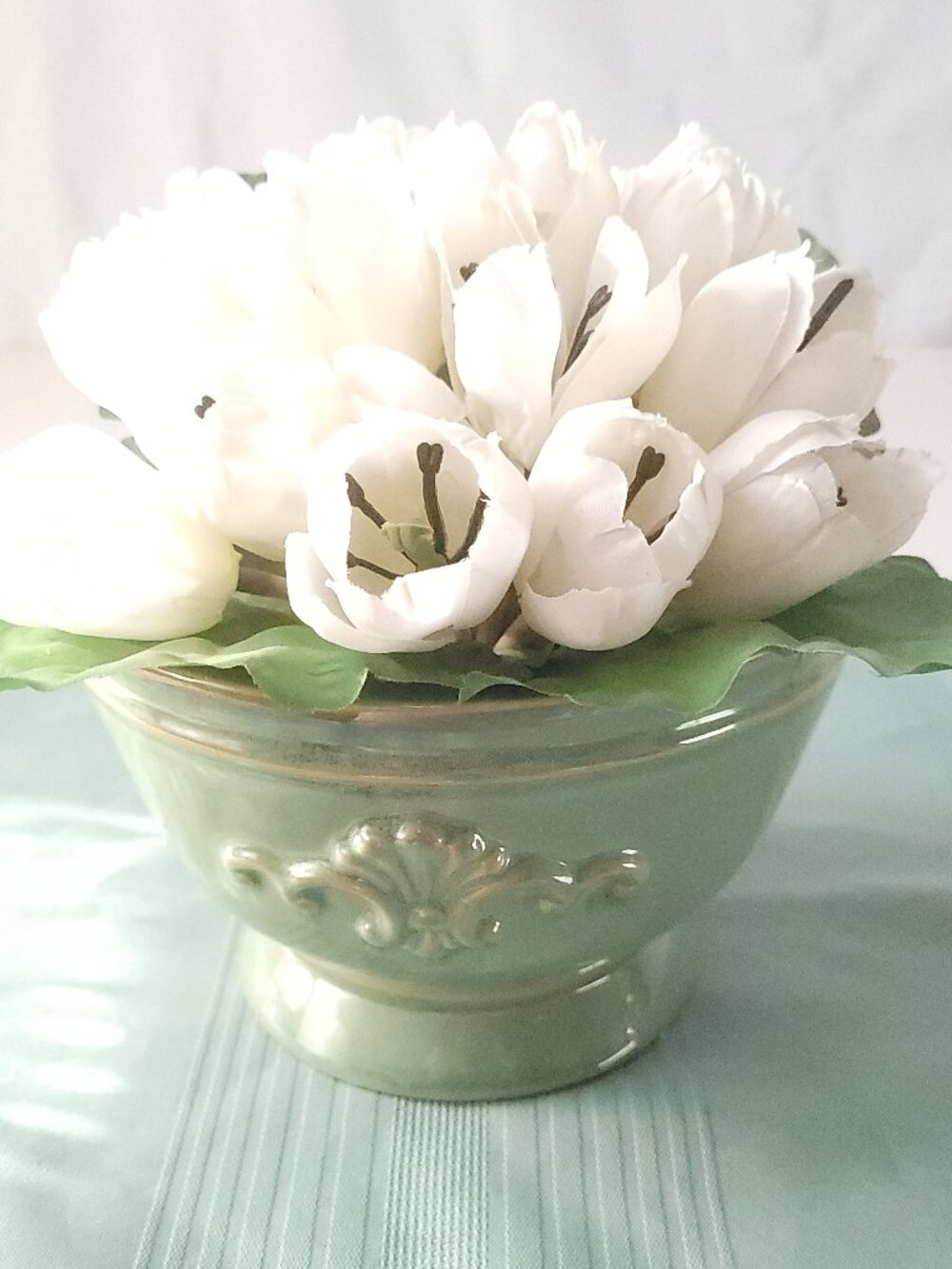 Vintage Style Green Glazed Ceramic Footed Bowl Planter Vase Faux White Tulips Ar